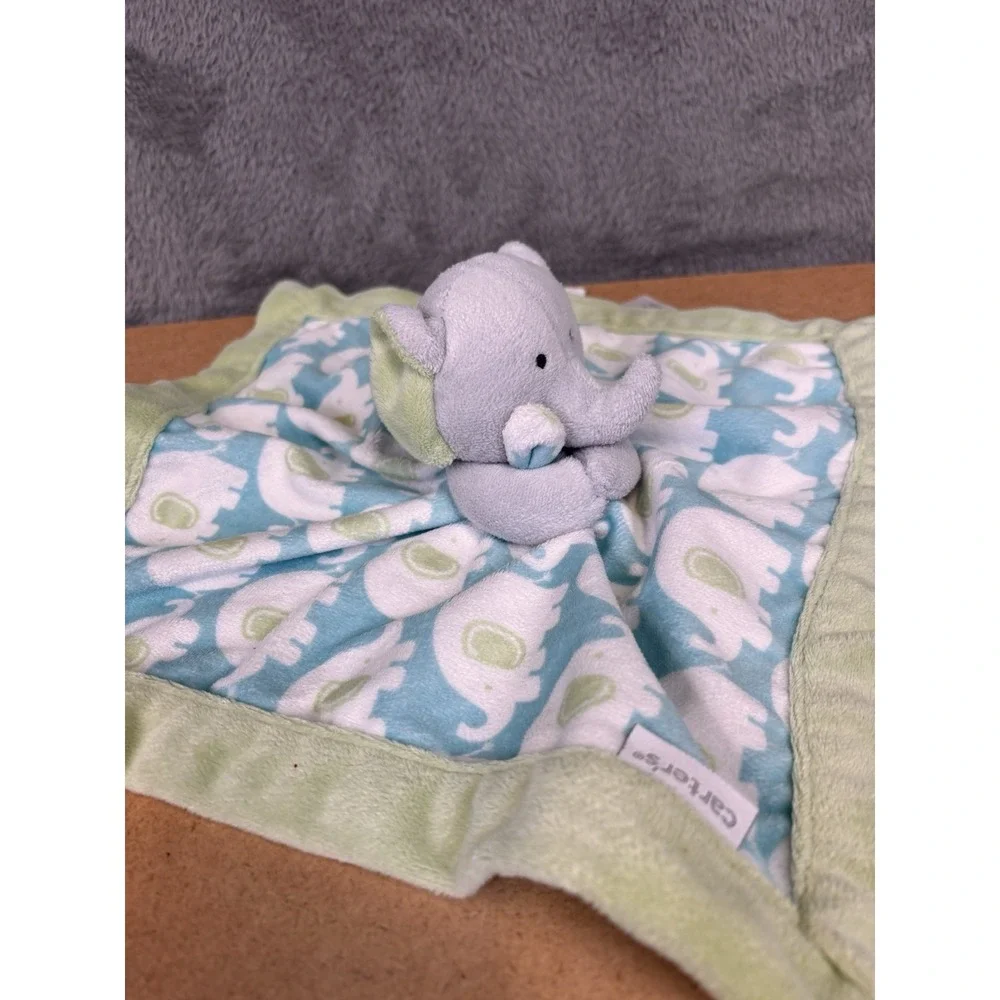 Carter's  Elephant Lovey Security Blanket Plush Blue Green Gray Baby Toy 13